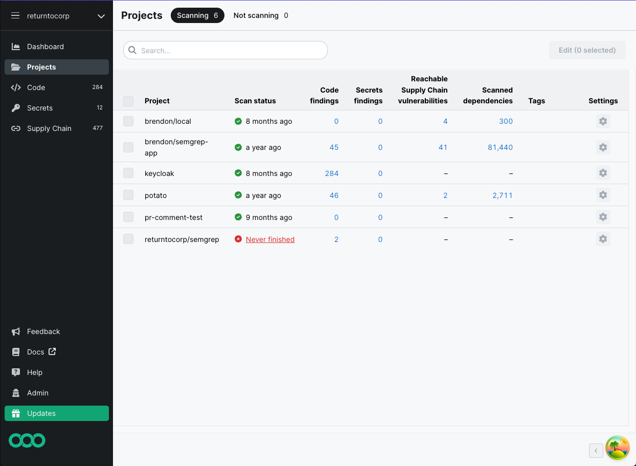 A member's view of the Projects page.