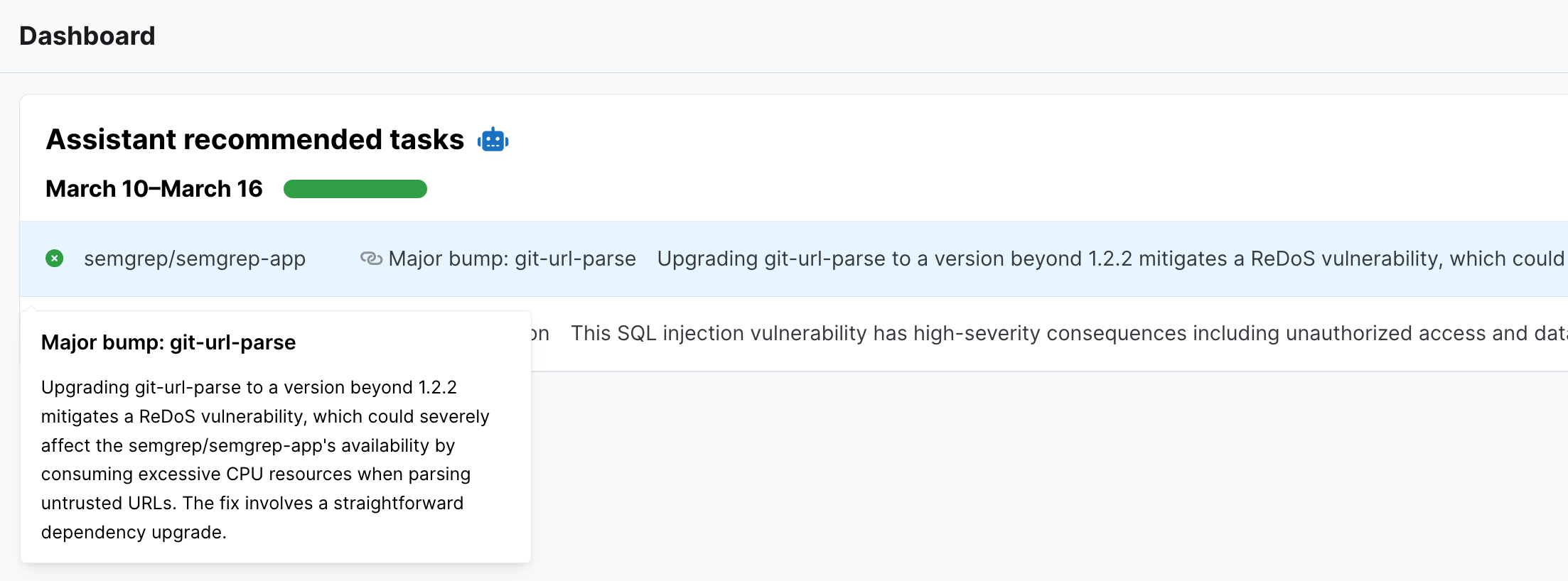 Semgrep Assistant's priority inbox email and Dashboard view